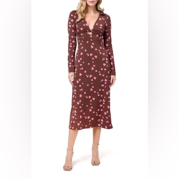 NWT WAYF Remember Me Twist Detail Long Sleeve Cutout Midi Dress Mocha Floral XS - Picture 1 of 9